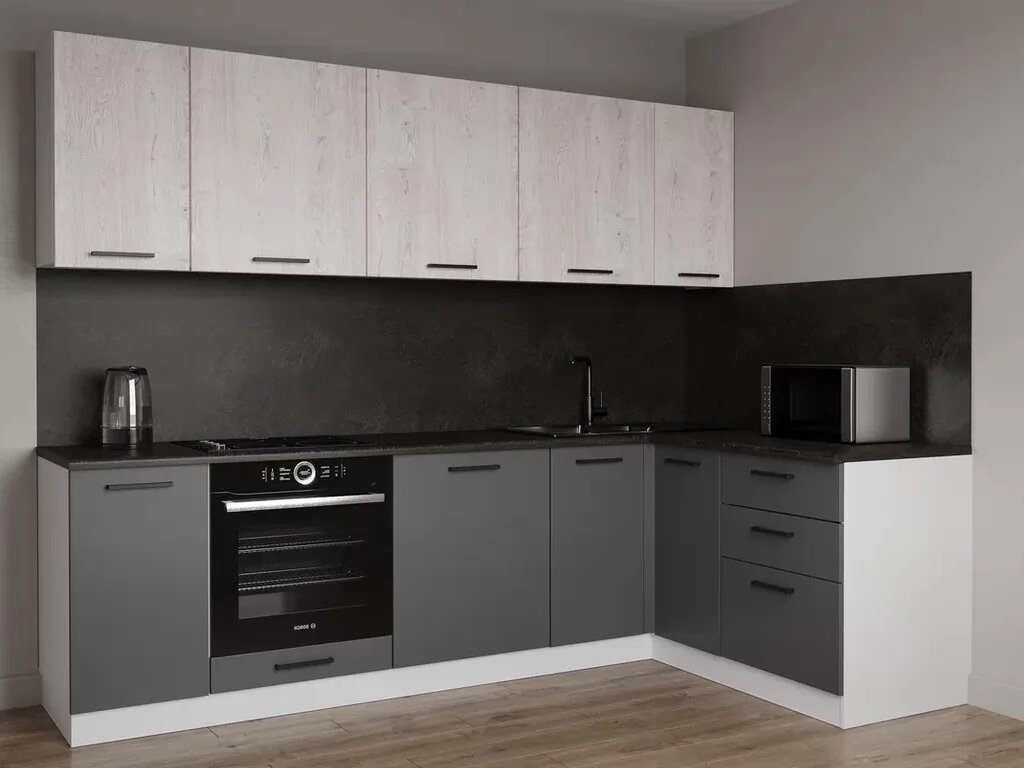 Кухонный гарнитур Sanvut угловой Санторини-2600х1600 столешница 38 мм, каркас ЛДСП, фасад МДФ, Белый/Санторини/Берлин