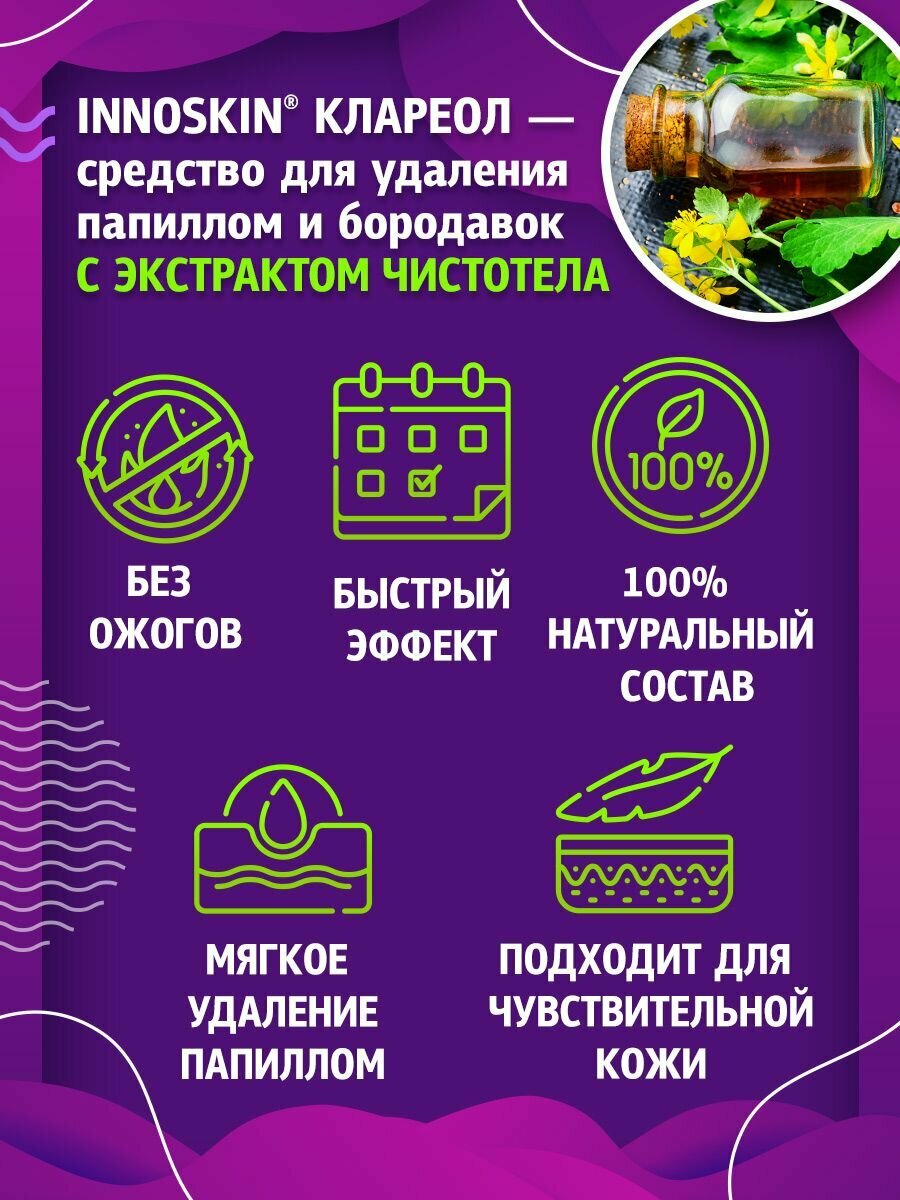 INNOSKIN Клареол Гель-эксфолиант от папиллом бородавок и сухих мозолей от папиллом / чистотел 10 мл / оригинал