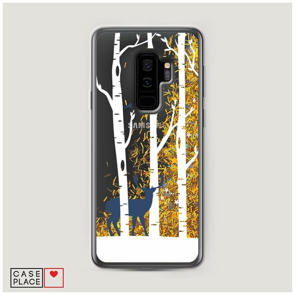 Жидкий чехол с блестками "Олень в лесу" на Samsung Galaxy S9 + / Самсунг Галакси С9 Плюс