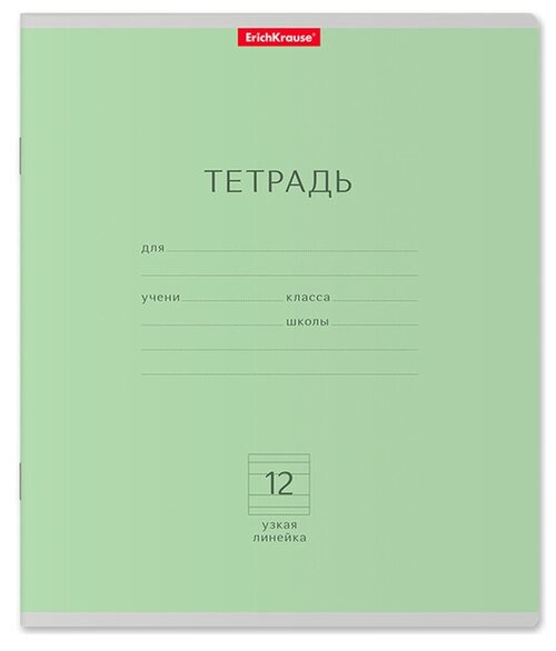 Тетрадь 12 листов, узкая линейка, Erich Krause «Классика», зелёная, картонная обложка 170 г/м2