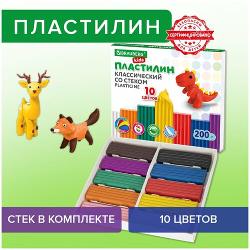 Пластилин классический BRAUBERG KIDS 10 цветов 200 г со стеком 106504 Квант продажи 2 ед 600₽