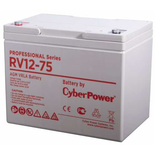 Батарея CyberPower Battery Professional series RV 12-75, voltage 12V, capacity (discharge 20 h) 80.8Ah, capacity (discharge 10 h) 75.8Ah, max. discharge current (5 sec) 900A, max. charge current 23A, lead-acid type AGM, terminals under bolt M6, LxWxH 259x168x208mm., full he