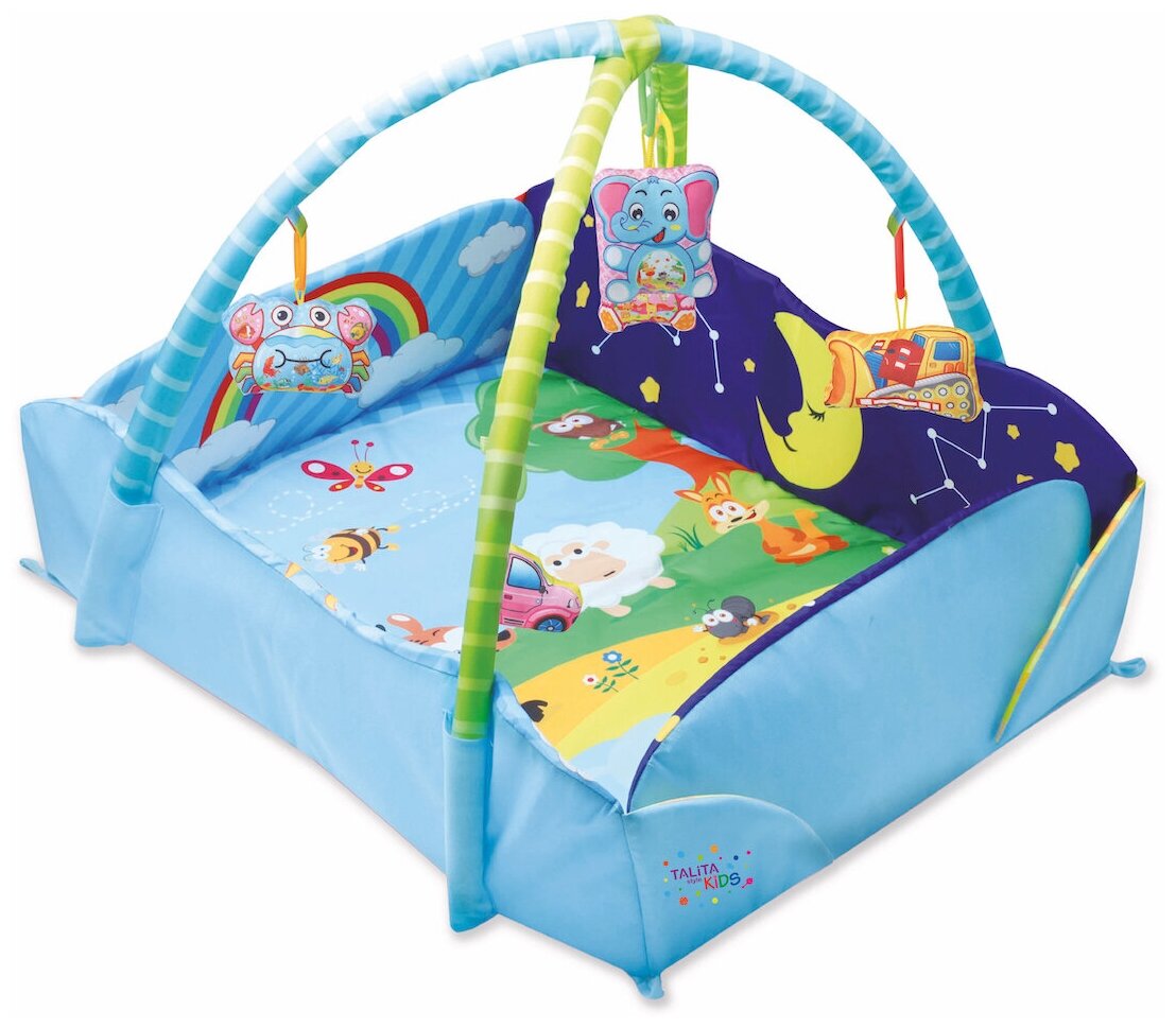 фото Детский коврик развивающий для малышей Talita Kids с подвесками-погремушками, манеж детский с дугами, коврик для ползания с бортиками, игровой коврик