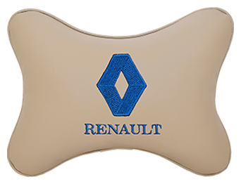 Автомобильная подушка на подголовник экокожа Beige (синий) с логотипом автомобиля Renault