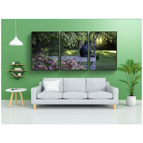 фото Набор модулных постеров для интерьера "черный кот, изгородь, деревья" 60x90 см. в тубусе, без рамки lotsprints