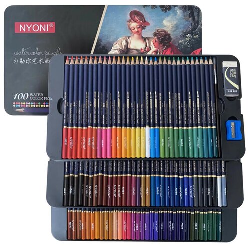 Набор профессиональных водорастворимых цветных акварельных карандашей, 100 шт, NYONI, в подарочной коробке