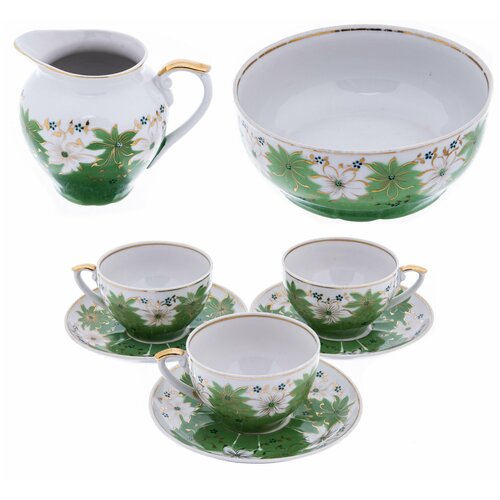 Набор для чая с цветочным декором на 3 персоны, фарфор, деколь, крытьё, золочение, Барановский фарфоровый завод, СССР, 1953-1957 гг.