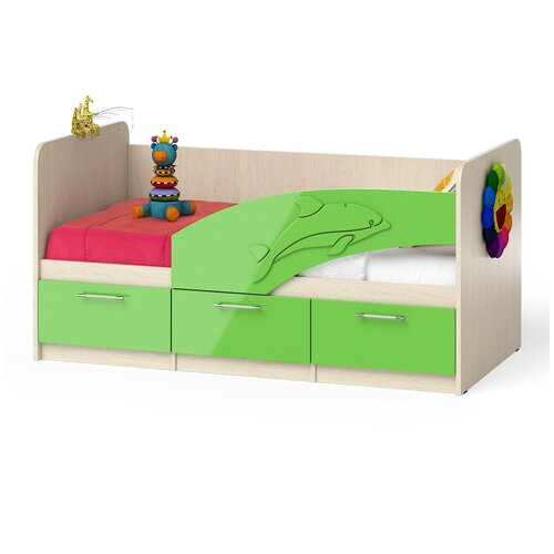 фото Кровать детская с ящиками дельфин 1,6п цвет дуб атланта/зелёное яблоко глянец бит и байт
