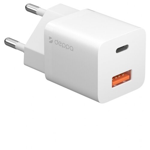 фото Сетевое зарядное устройство deppa, usb-c + usb-a, pd 3.0, qc 3.0, gan, 20вт