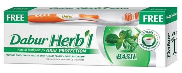 Зубная паста Дабур Хербал Базил (Dabur Herb'I Basil) в комплекте с зубной щеткой, антибактериальная, от кариеса и болезней десен, 150 г.