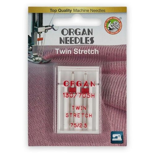 schmetz иглы для бытовых швейных машин двойные для стрейч ткани 2 шт 75 2 5 Иглы для бытовых швейных машин Organ Needles (стрейч), двойные, №75/2,5, 2 штуки, арт. 130/705H