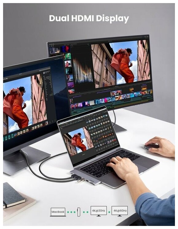 USB-концентратор 7 в 1 UGREEN адаптер переходник хаб для MacBook 2 x USB 30 2 х HDMI 4K SDTF Thunder Bolt 3