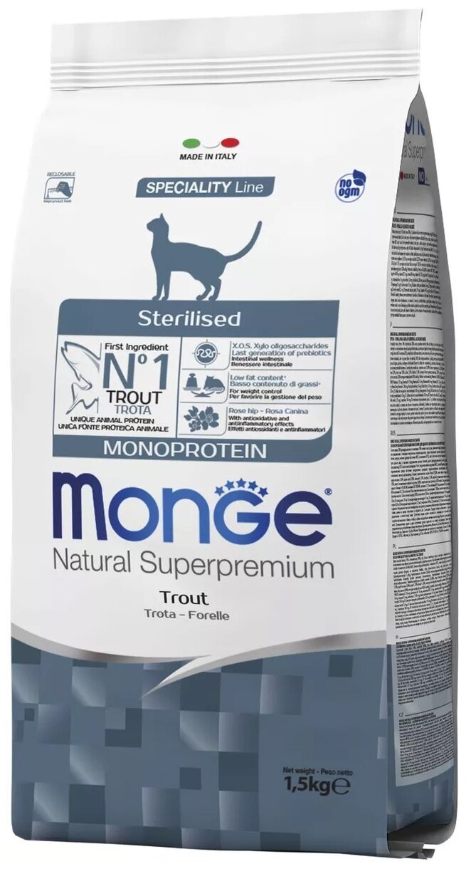 Сухой корм Monge Cat Speciality Line Monoprotein Sterilised для стерилизованных кошек, из форели 1,5 кг - фотография № 2