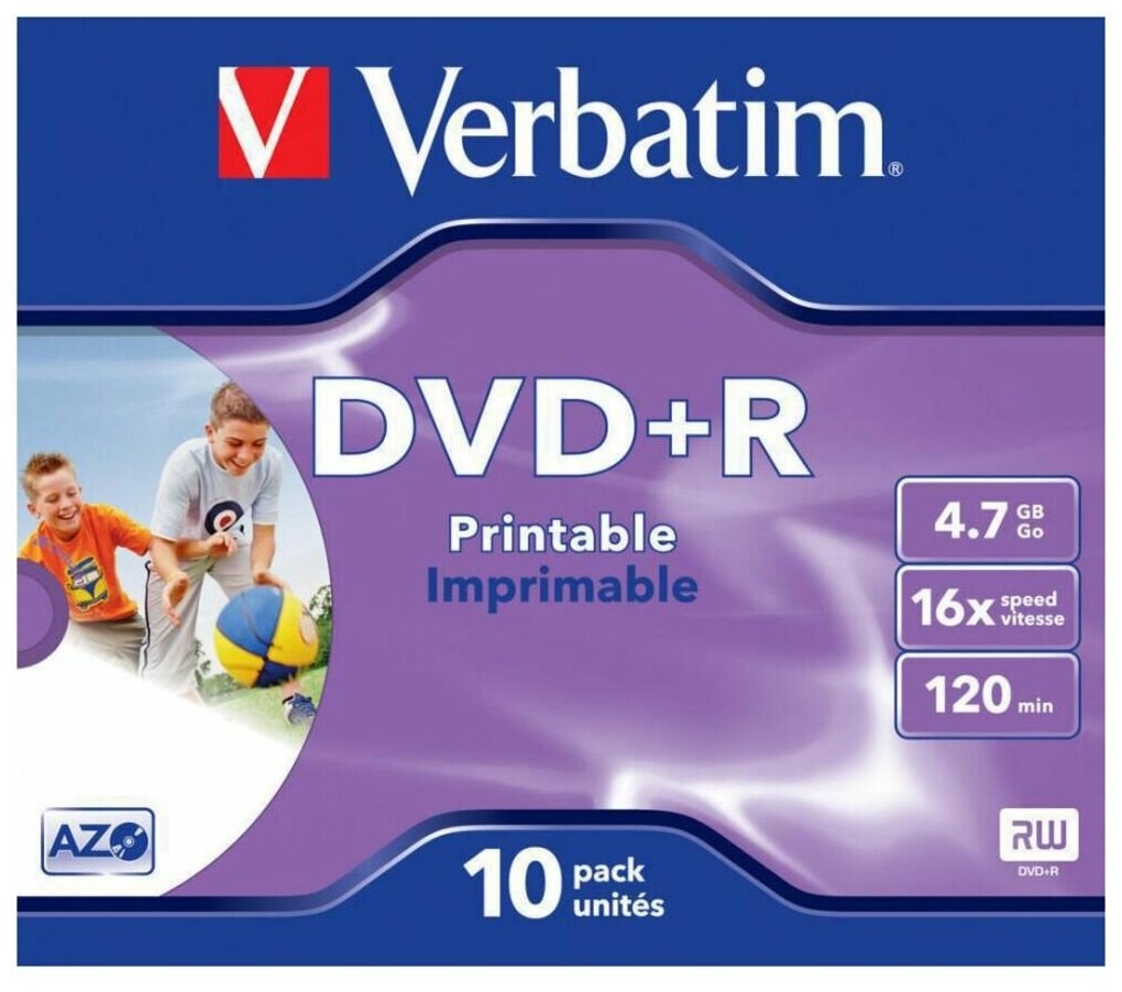 Оптический диск DVD+R диск Verbatim 4,7Gb 16x Jewel Case Printable 10шт (43508)