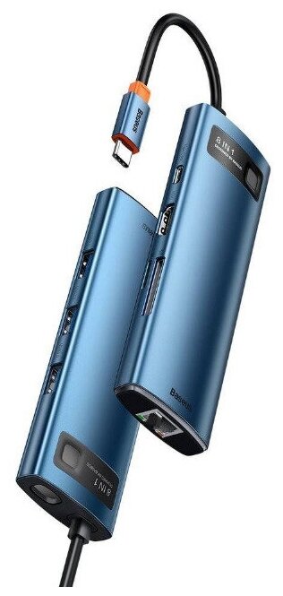 USB-C хаб Baseus Metal Gleam Series 8-in-1 Multifunctional HUB PD 100W SDMicro SD 3USB1USB-C1HDMI 4K 30Hz1Ethernet Cеро-синий WKWG000103