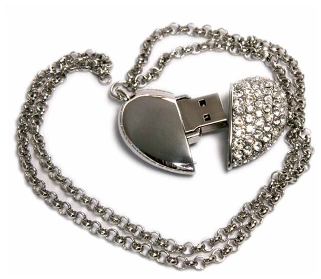 Металлическая флешка с кристаллами "Сердце" (64 Гб / GB USB 2.0 Серебро/Silver HEART Подарок к 14 февраля для девушки)