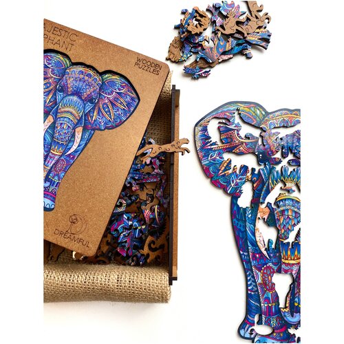 Пазл деревянный фигурный для детей и взрослых в подарочной коробке Dreamful / Величественный слон, 24х19 см, 102 детали