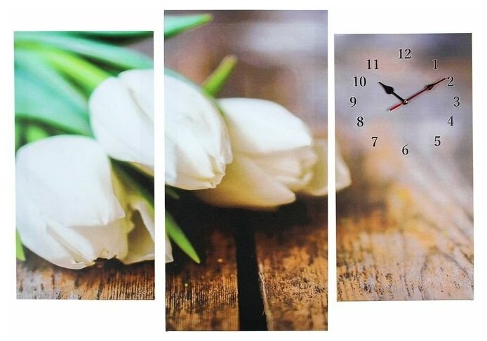 Часы настенные Сюжет модульные, "Белые тюльпаны", 60х80 см
