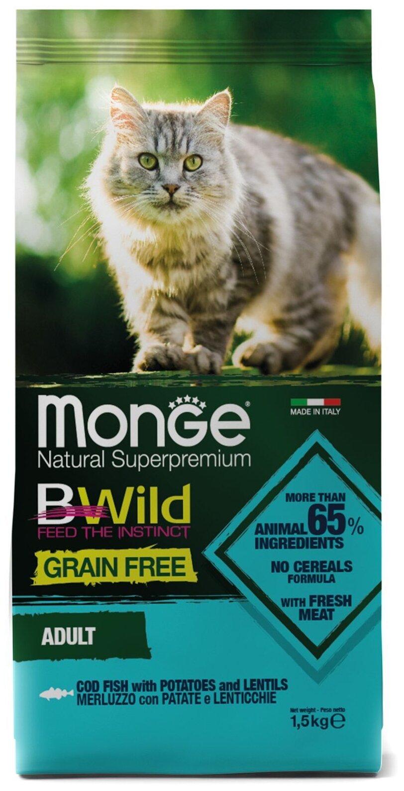 MONGE BWILD GRAIN FREE CAT ADULT беззерновой для взрослых кошек с треской, картофелем и чечевицей (1,5 кг)