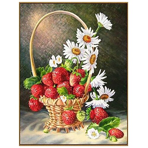 фото Алмазная мозаика "корзинка с ромашками и клубникой", 20*26см, 27 цветов . milato