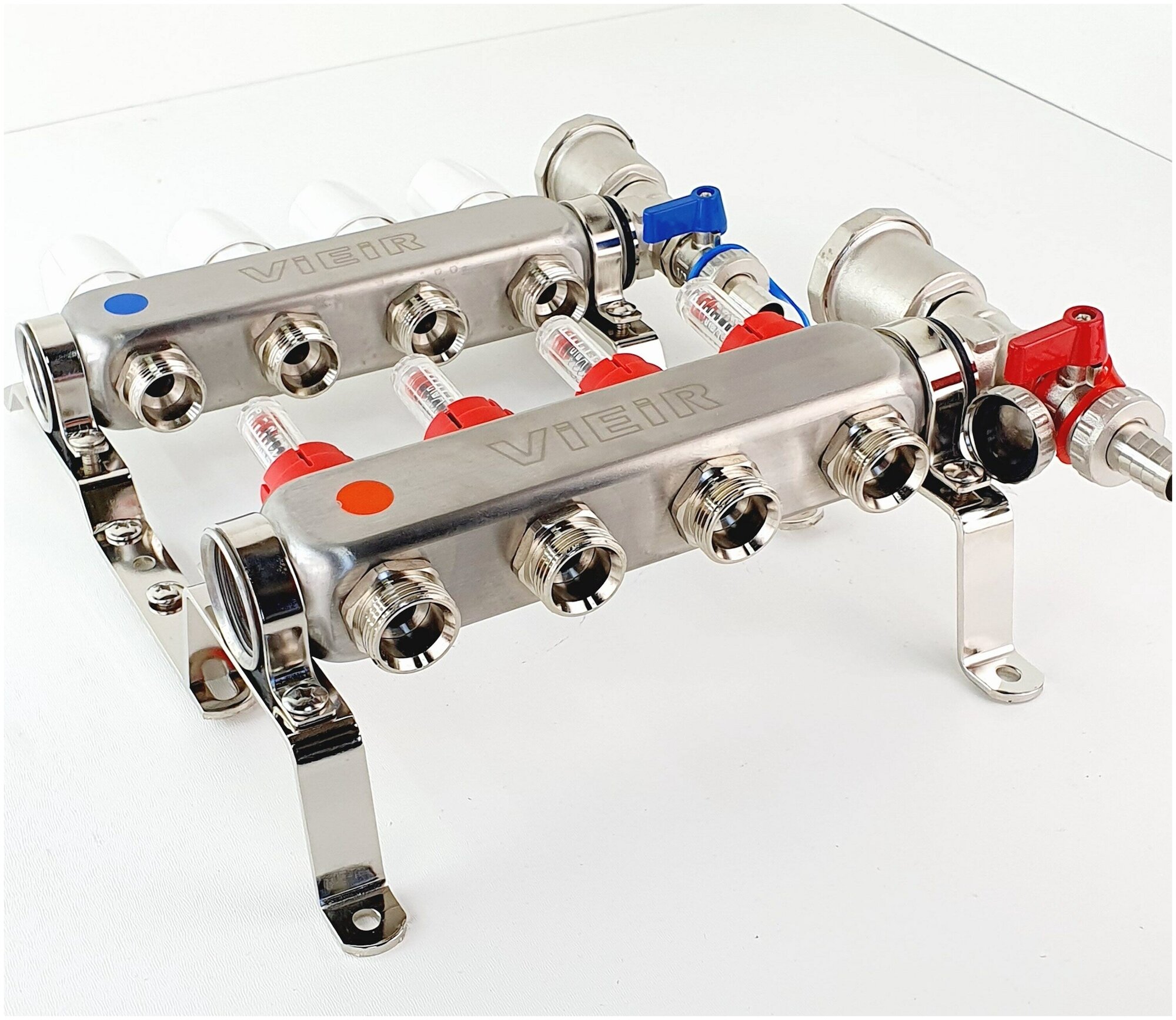 Коллектор для теплого пола 4 контура в сборе распеределительный с расходометрами 1"x3/4" VIEIR