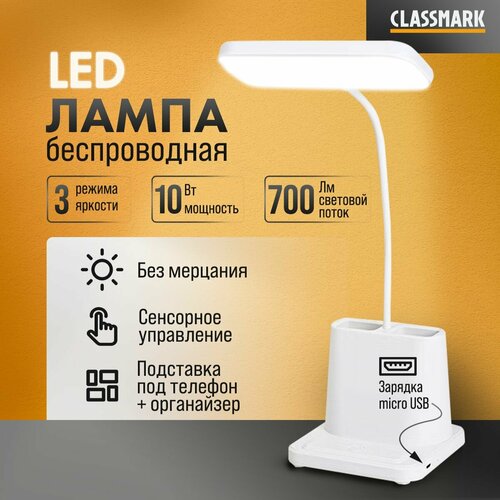 LED лампа настольная светодиодная беспроводная с органайзером Classmark светильник для школьника, с регулировкой яркости 3 режима, защита глаз, регулируемая, сенсорное управление