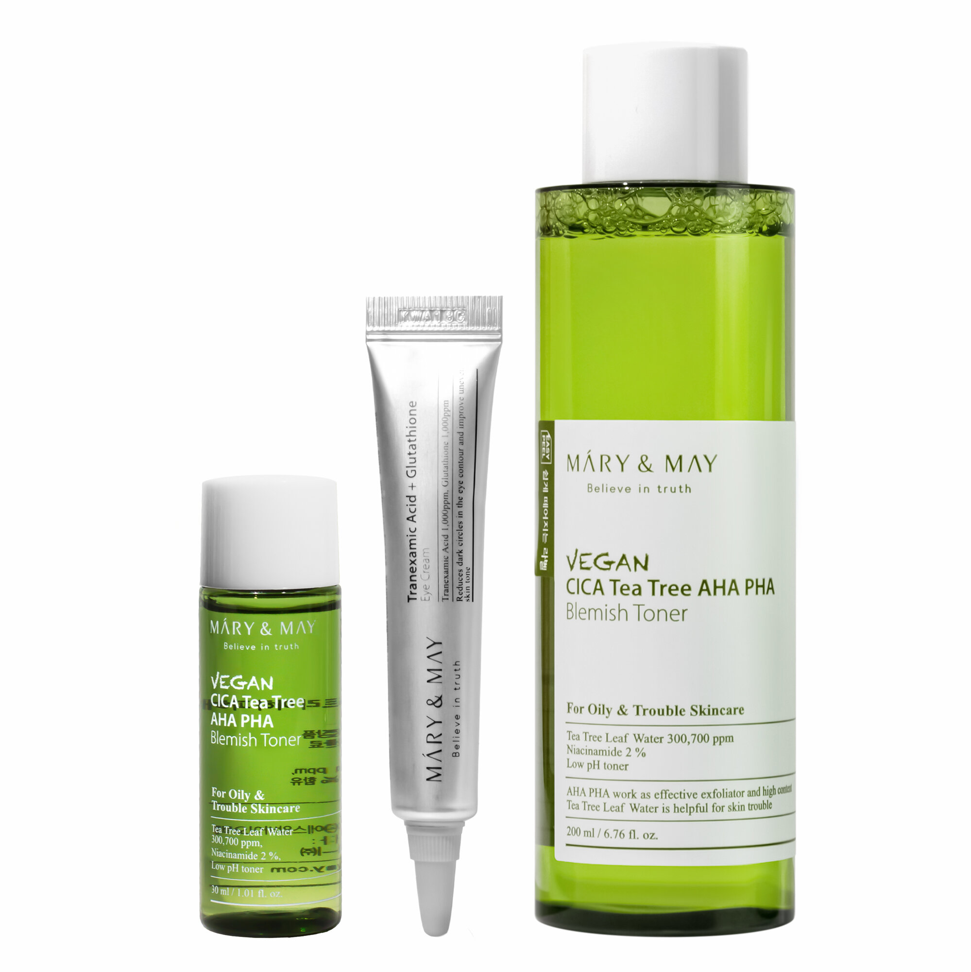 Подарочный набор для лица с чайным деревом | MARY&MAY Vegan Cica Teatree Toner Special Set (AHA PHA Blemish Toner 200ml+30ml, Eye Cream 12g)