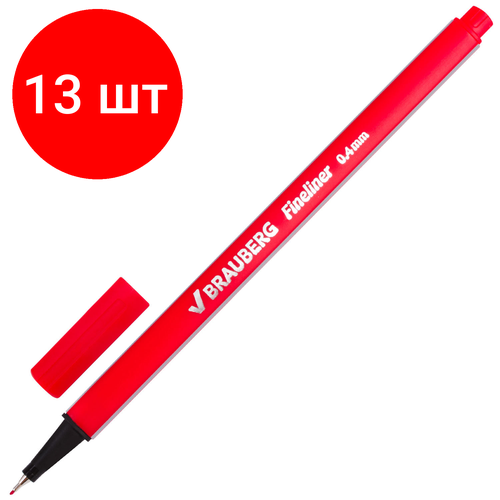 Комплект 13 шт, Ручка капиллярная (линер) BRAUBERG "Aero", красная, трехгранная, металлический наконечник, линия письма 0.4 мм, 142254