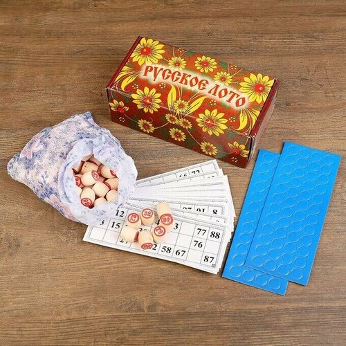 Игра настольная Русское лото в картонной подарочной коробке 90 бочонков жетоны 24 карточки 630₽