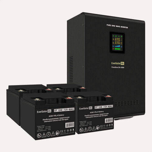 Изображение товара Комплект ИБП EX296003RUS + батарея 40Aч EX282976RUS 4шт (инвертор, синус, для котла, настенный) ExeGate FineSine SX-3000. LCD. AVR.2SH. T <3000VA/2100W, чистая синусоида, цветной LCD-дисплей, AVR, 2*Schuko+клеммы, линейно-интерактивный, крепление настен