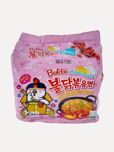 Изображение товара Корейская оригинальная лапша SamYang б/п курица-карбонара острая, в упаковке 5 шт по 130 гр.