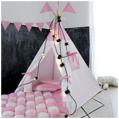 Большой вигвам 130x130 Simple Pink с окном, карманом и флажками + бомбон палатки домики vamvigvam вигвам из льна с контрастными шторками с окном карманом и флажками
