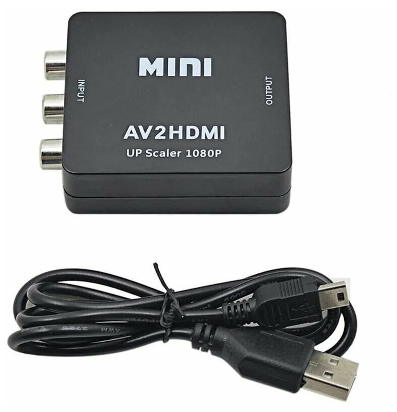 Адаптер-переходник AV2HDMI (RCA тюльпаны на HDMI) со звуком и питанием miniUsb чёрный