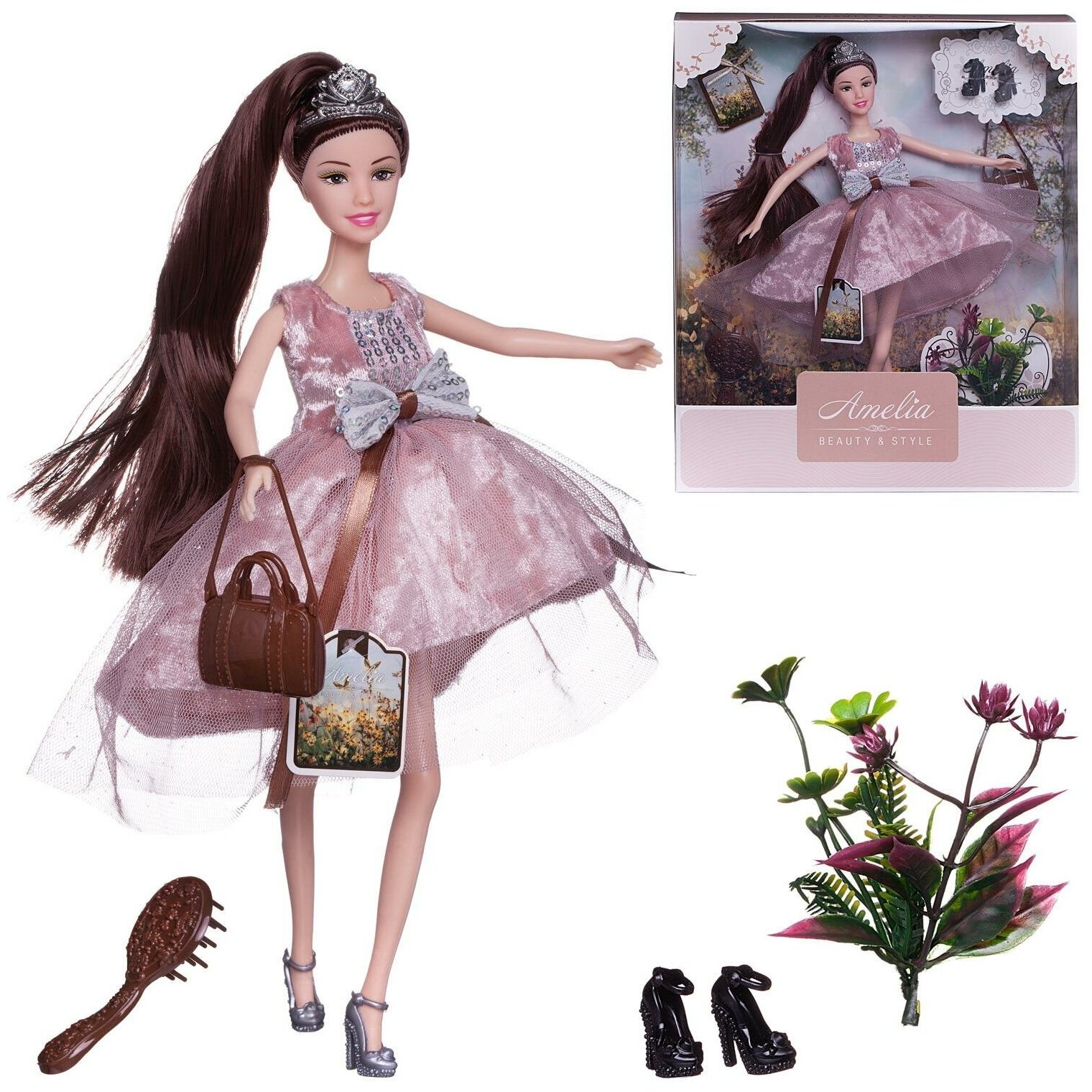 Кукла ABtoys "Летний вечер" с диадемой в розовом блестящем платье с двухслойной юбкой, темные волосы 30см PT-01635