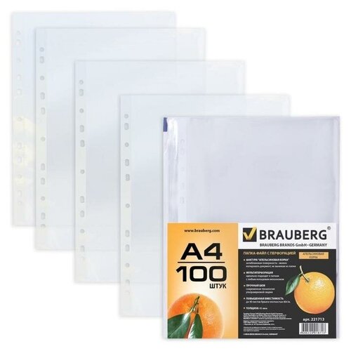 Папка-вкладыш А4 с перфорацией Brauberg «Апельсиновая корка», 45 мкм, 100 штук в упаковке, матовые файл вкладыш а4 30 мкм brauberg апельсиновая корка 100 штук в упаковке 1 набор