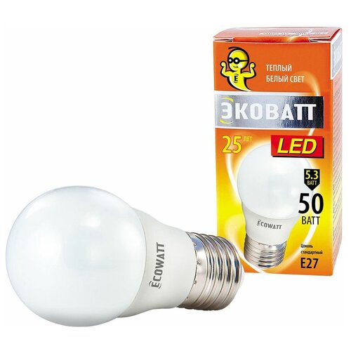 Светодиодная лампа ECOWATT P45, 230В, 5.3W, 2700K, E14, теплый белый свет, шарик 4606400419808