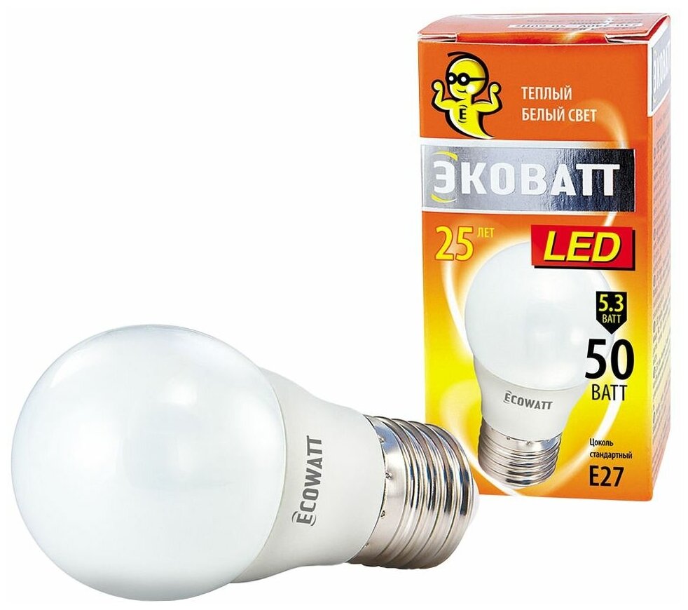 Светодиодная лампа ECOWATT P45, 230В, 5.3W, 2700K, E14, теплый белый свет, шарик 4606400419808