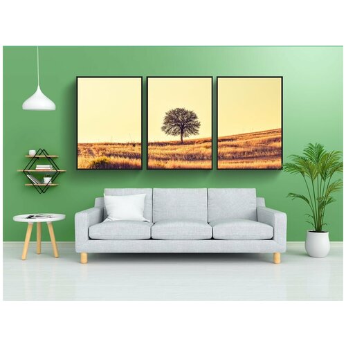 фото Набор модулных постеров для интерьера "поле, дерево, заход солнца" 60x90 см. в тубусе, без рамки lotsprints