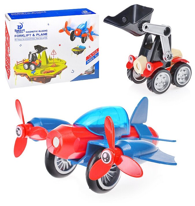 Конструктор магнитный детский "Самолет и экскаватор" Oubaoloon 390 (15 деталей) в коробке