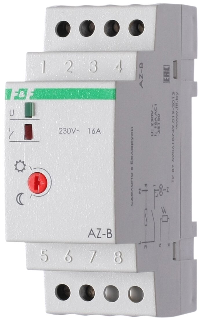 Фотореле AZ-B (выносной герметичный фотодатчик IP65 монтаж на DIN-рейке 2 модуля 230В 16А 1НО IP20)( ФР-7Е) F&F EA01.001.009, 1шт