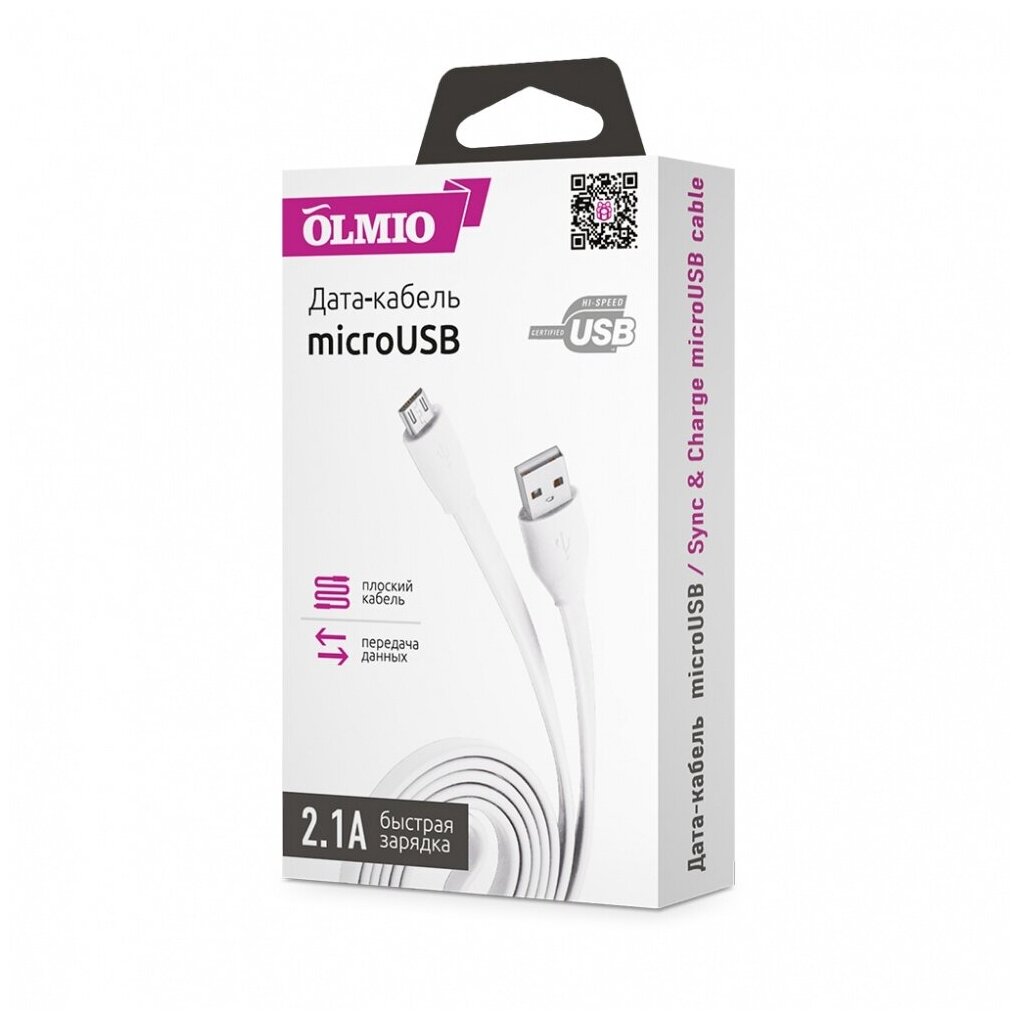 фото Кабель Partner/Olmio USB to microUSB 1m 2.1A плоский белый