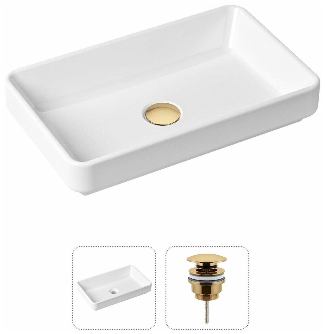 Накладная раковина в ванную Lavinia Boho Bathroom Sink Slim 21520813 в комплекте 2 в 1: умывальник белый, донный клапан в цвете золото - фотография № 1