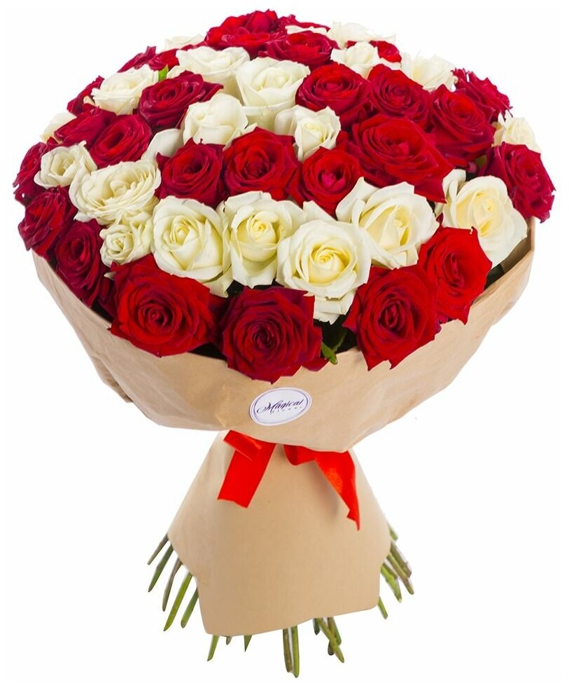 51 красная и белая роза premium 50 см