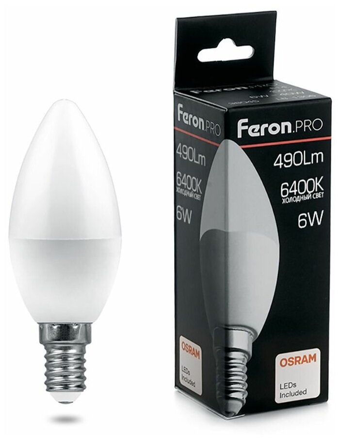 Лампа Feron OSRAM LED LB-1306 C37 6W E14 6400K 230V свеча