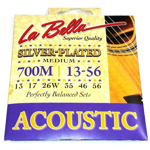 Комплект струн для акустической гитары, посеребренные, Medium, 13-56, La Bella700M Silver-Plated