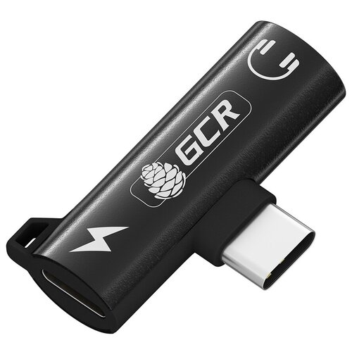 Переходник GCR USB Type C > 3.5mm mini jack + TypeC с отверстием для шнура, черный, -53598