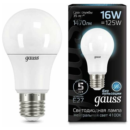 Лампа светодиодная Led A60 16Вт E27 4100К Gauss 102502216, 1шт светодиодная лампа эра led a60 15w 840 e27 б0033183