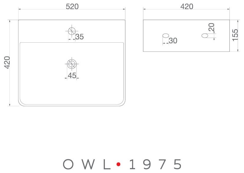 Раковина накладная OWL 1975 Vinkel белая прямоугольная 520х420х155 с полочкой под смеситель OWLB191033 - фотография № 9