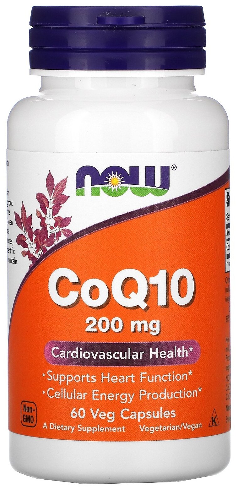 NOW Foods CoQ10 200 mg Veg Capsules, коэнзим Q10, 200 мг, 60 растительных капсул