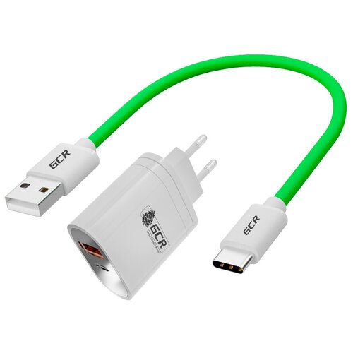 GCR Комплект сетевое зарядное устройство 36W, USB TypeA + TypeC, PD18W + Quick Charge 3.0 + кабель 0.5m TypeC, зеленый